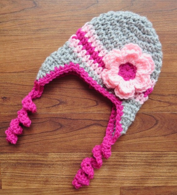Crocheted Baby Girl Ear Flap Hat with Curly Ties and Flower
