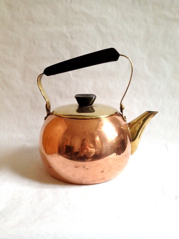 Vintage French Copper Tea Kettle with Brass Lid and Spout
