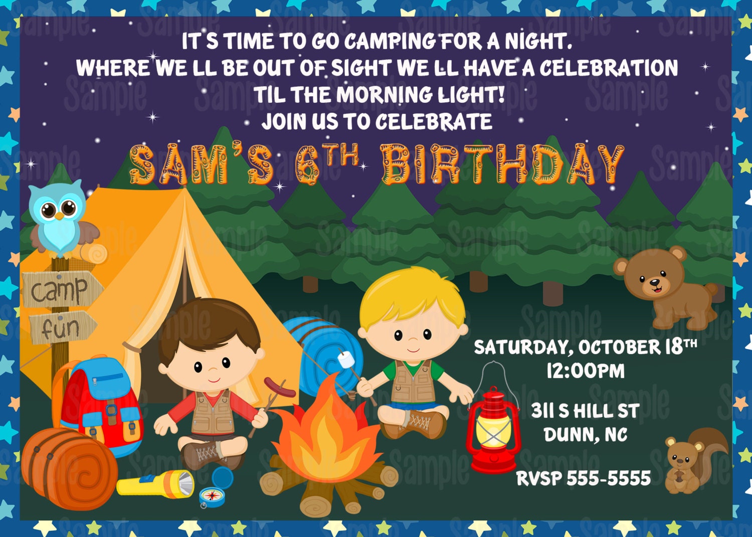 Printable Camping birthday invitation plus FREE blank matching
