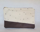 vegan leather zipper clutch, metal zipper, hand stamped canvas, polka dot, floral lining