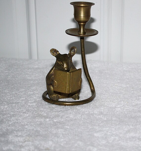 Antique Solid Brass Candle Holder MOUSE by QUEENIESECLECTIC