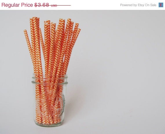 ON SALE - 25 Orange and White CHEVRON Paper Straw - ships less than 24 hours Il_570xn