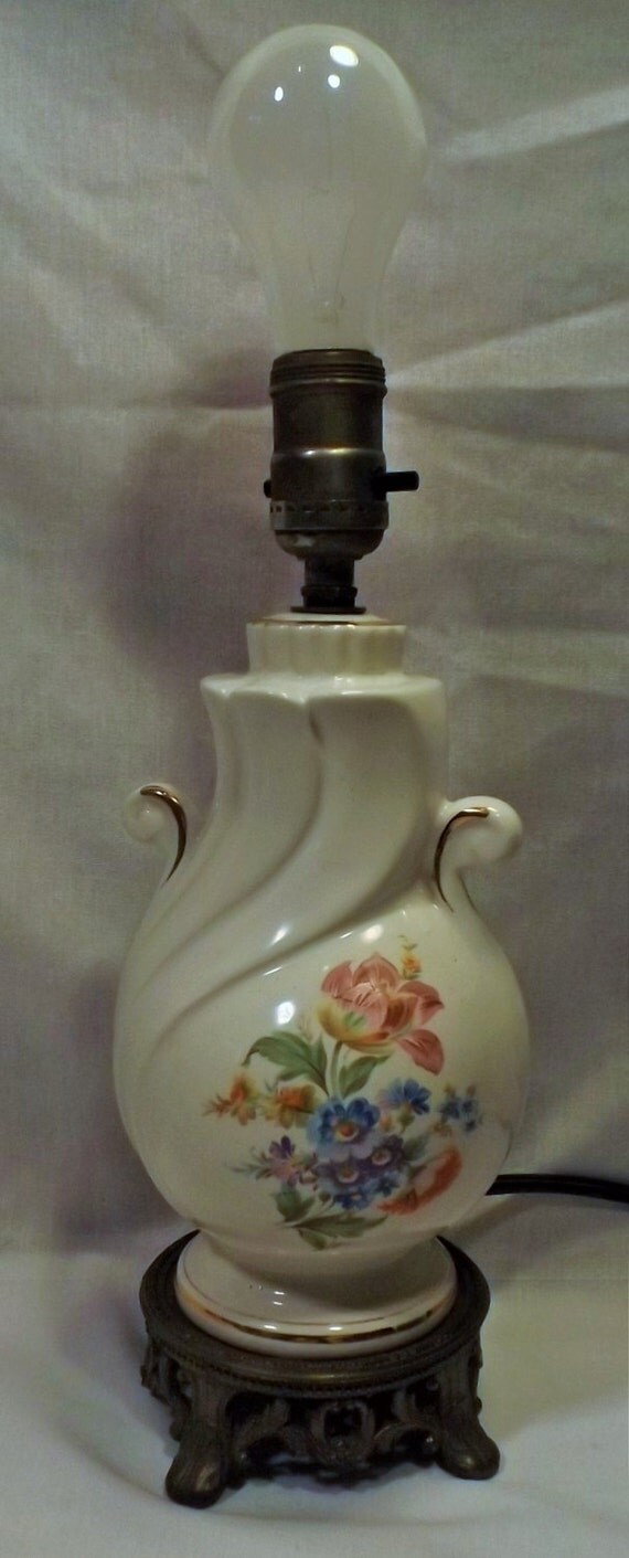 Antique Lamp Porcelain with Flowers And Brass Base. by OldeBerry