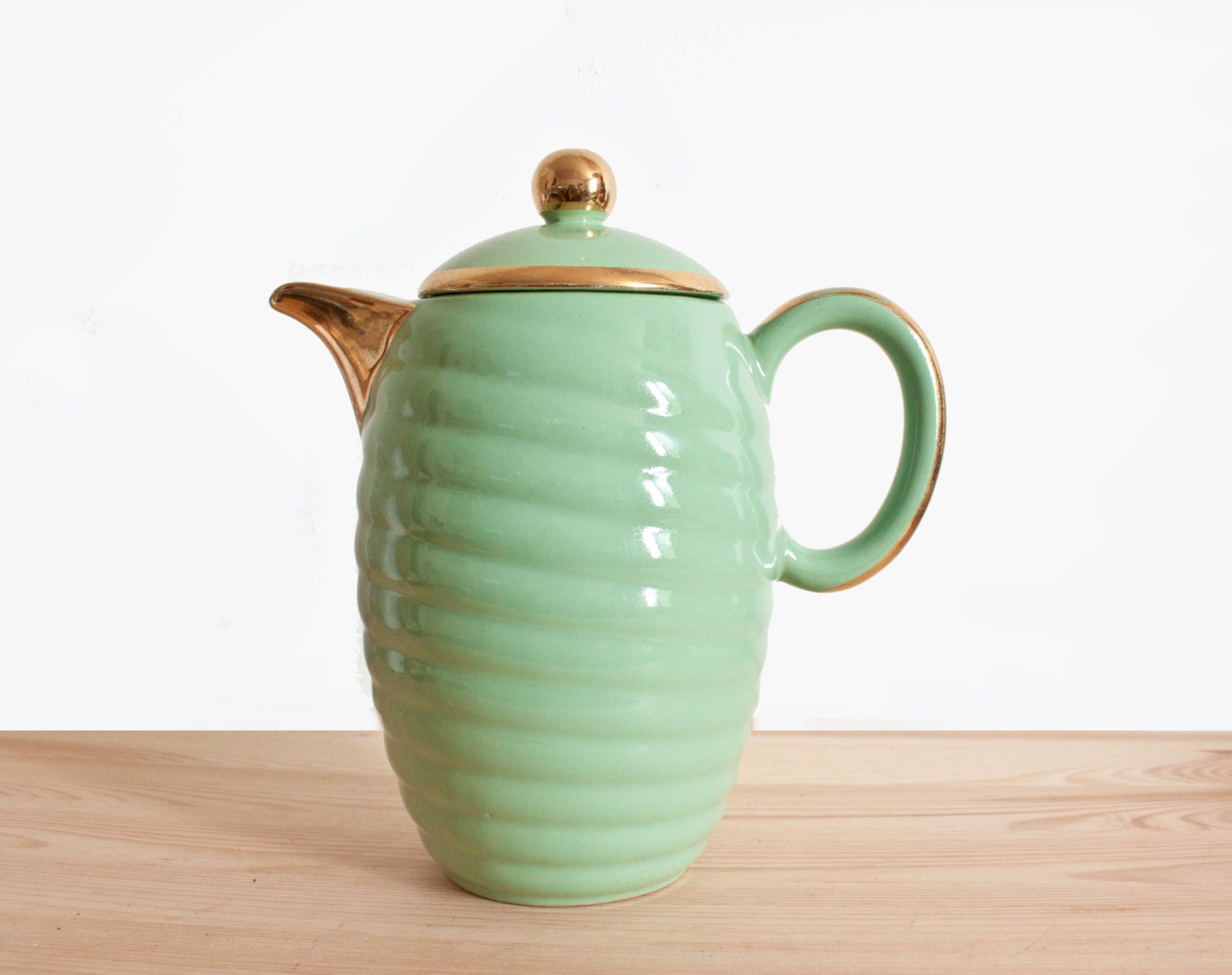 Retro almond green and gold ceramic coffee pot  Romantic 