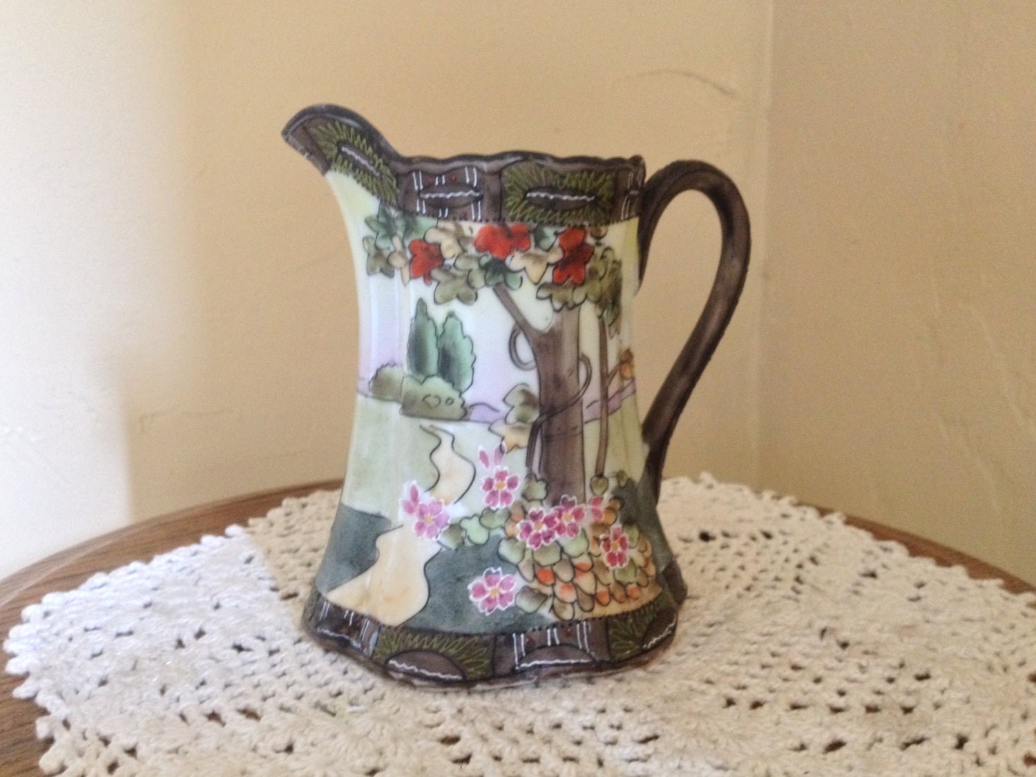 Vintage Hand Painted Pitcher Japan Pretty Scene by JoAnntiques