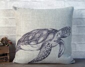 SUMMER SALE - linen pillow case with turtle drawing - sea turtle pillow cover - beach pillow case - summer pillow -decorative throw pillow