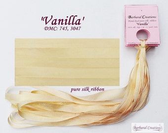 Hand dyed 7 mm wide pure silk ribbon, soie ruban - 'Vanilla'
