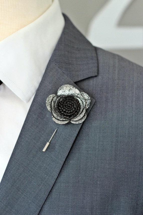 Silver and black leather flower mens boutonnieremodern mens