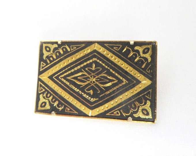 Black and Gold Rectangle Brooch, Vintage Damascene Pin