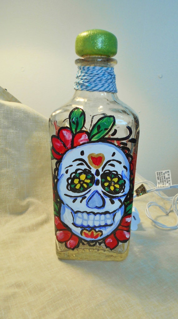 Sugar Skull Painted Tequila Bottle Light
