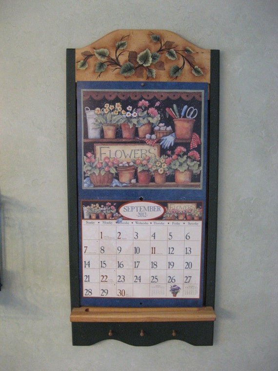 Wooden Calendar Holder Green Crinkle Leaves by Julieartdreams