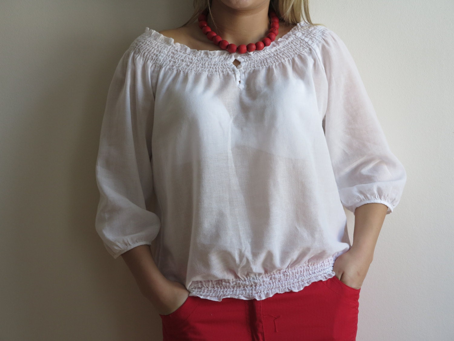 white cotton peasant blouse