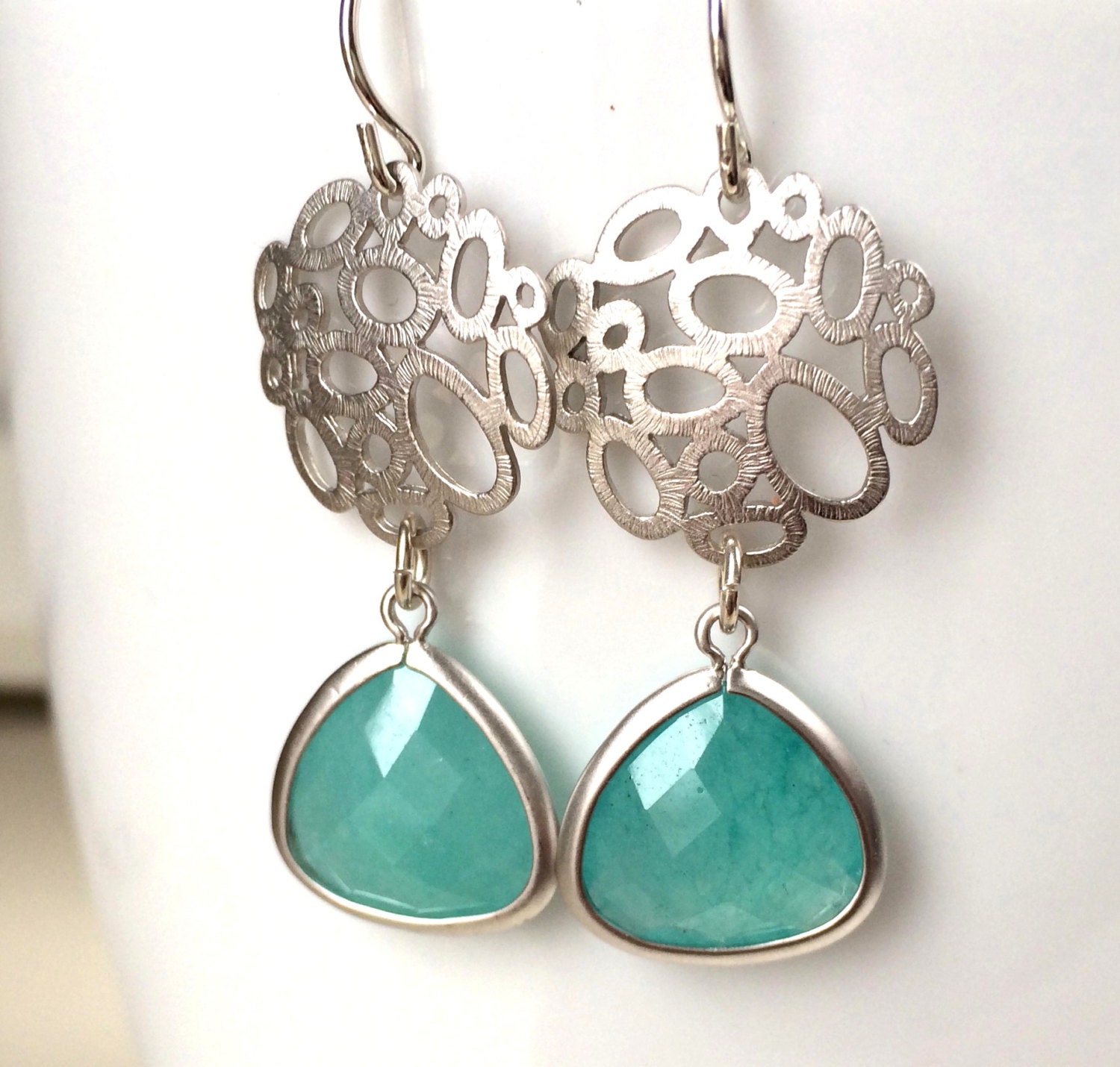 Mint Jade circle Silver Earring Aqua Mint Dangle Earrings