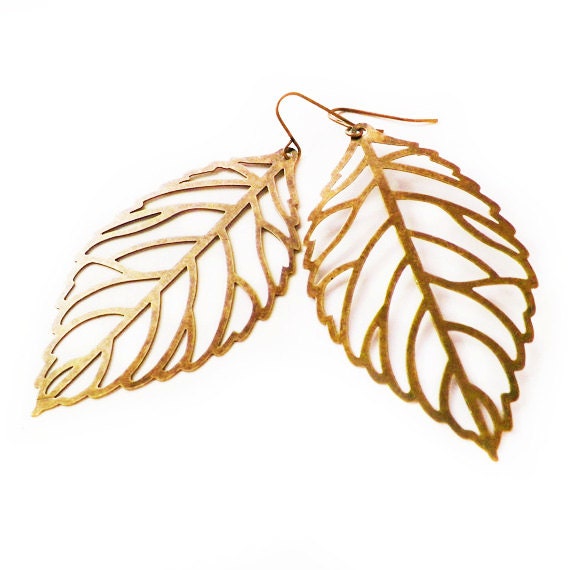 Jumbo Antique Brass Filigree Leaf Earrings - Big Antique Brass Leaf Earrings - Large Antique Brass Leaf Earrings