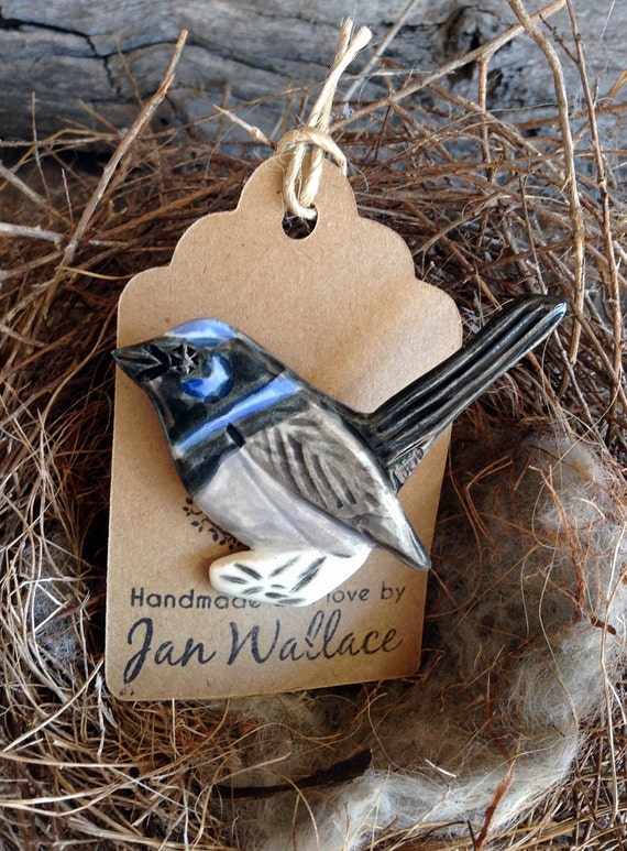 Ceramic Bird Brooch Australian Fairy Wren Handmade