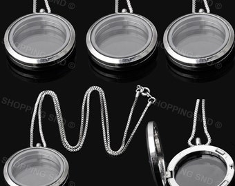 eArt Memory Locket Necklace Living Memory Floating Charm Glass Silver Pendant 20" Free Shipping Worldwide #LKTCHN-ROU-S