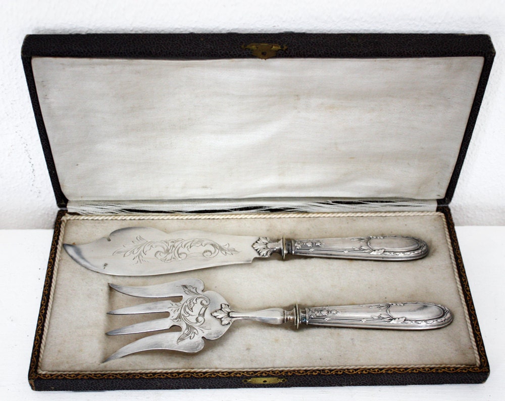 Antique FRENCH Victorian Silver sterling Large Fish Knife and Fork