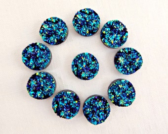 Faux Druzy Cabochon, 20 Resin Druzy, Peacock Druzy, Round Cabochon, 12mm Druzy, Blue and Black, Flat Back Druzy, UK Seller, Jewelry Supplies