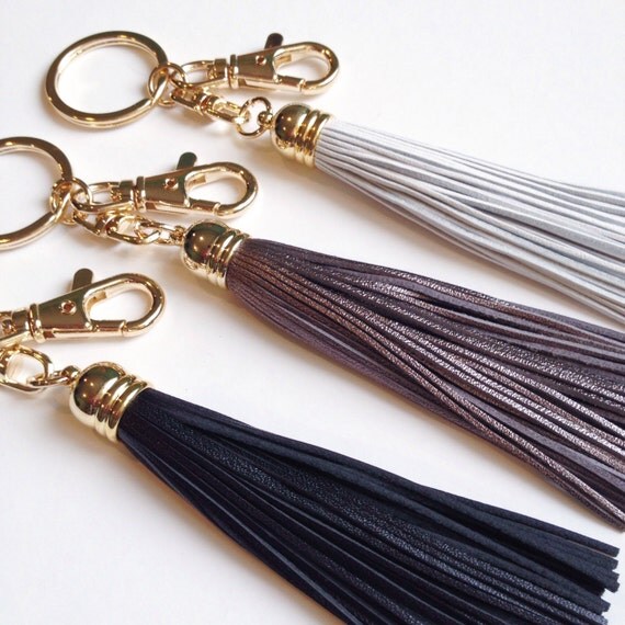 Items similar to Metallic Gray Leather Tassel Keychain - Gold plated ...