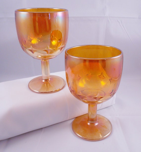 Vintage Carnival Glass Goblet Marigold Atomic Star Set Of 2