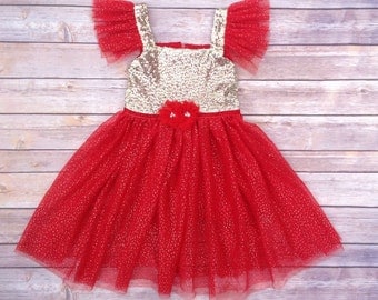 Red Gold Sequined Glitter Tulle Princess Girls Toddler Baby Dress ...
