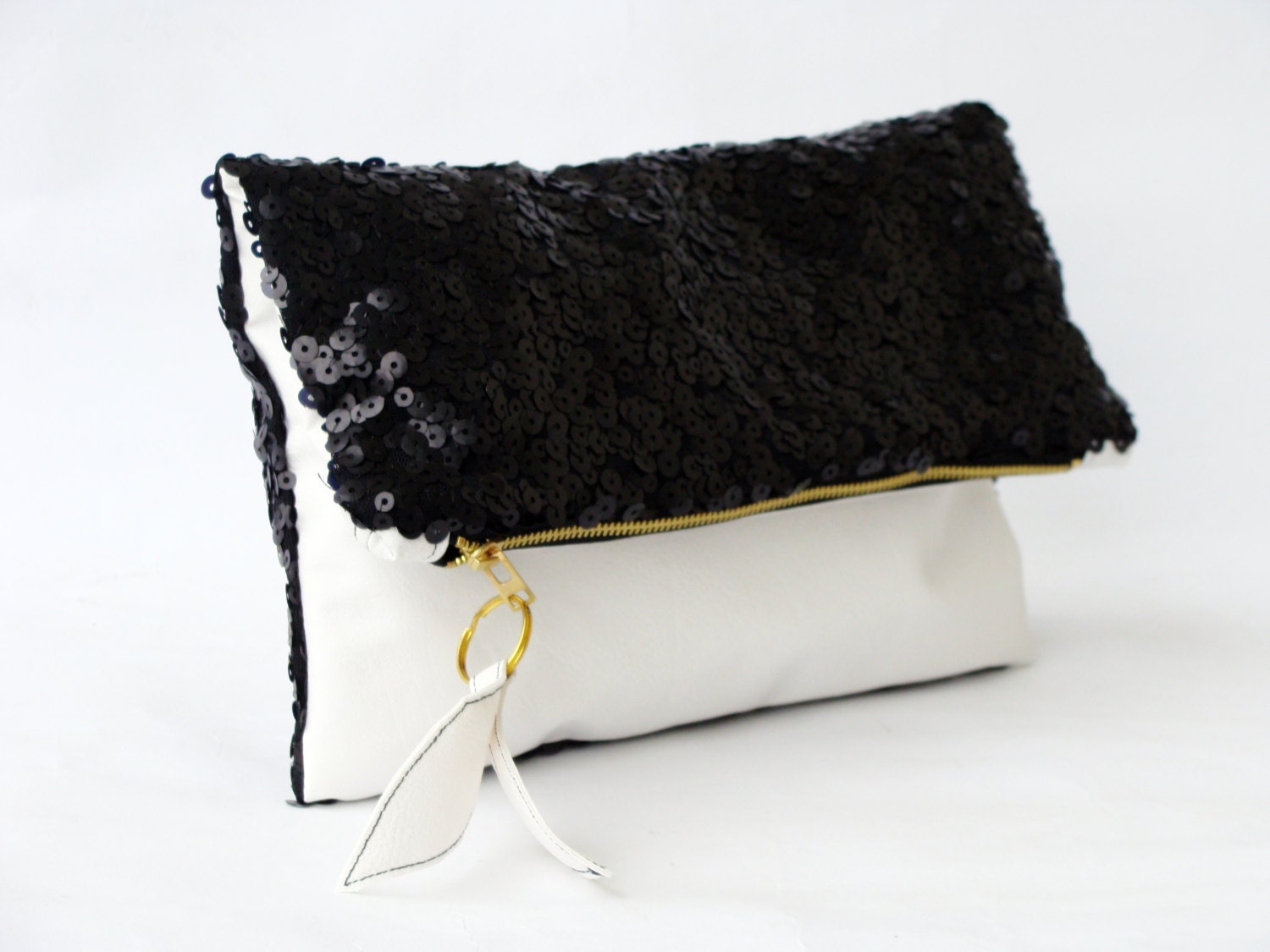 Color block black sequins white leather clutch purse by Razolly