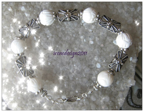 Handmade Silver Bracelet with Carved White Coral by IreneDesign2011