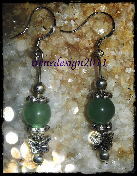 Beautiful Silver Hook Earrings with Green Aventurine & Butterfly by IreneDesign2011