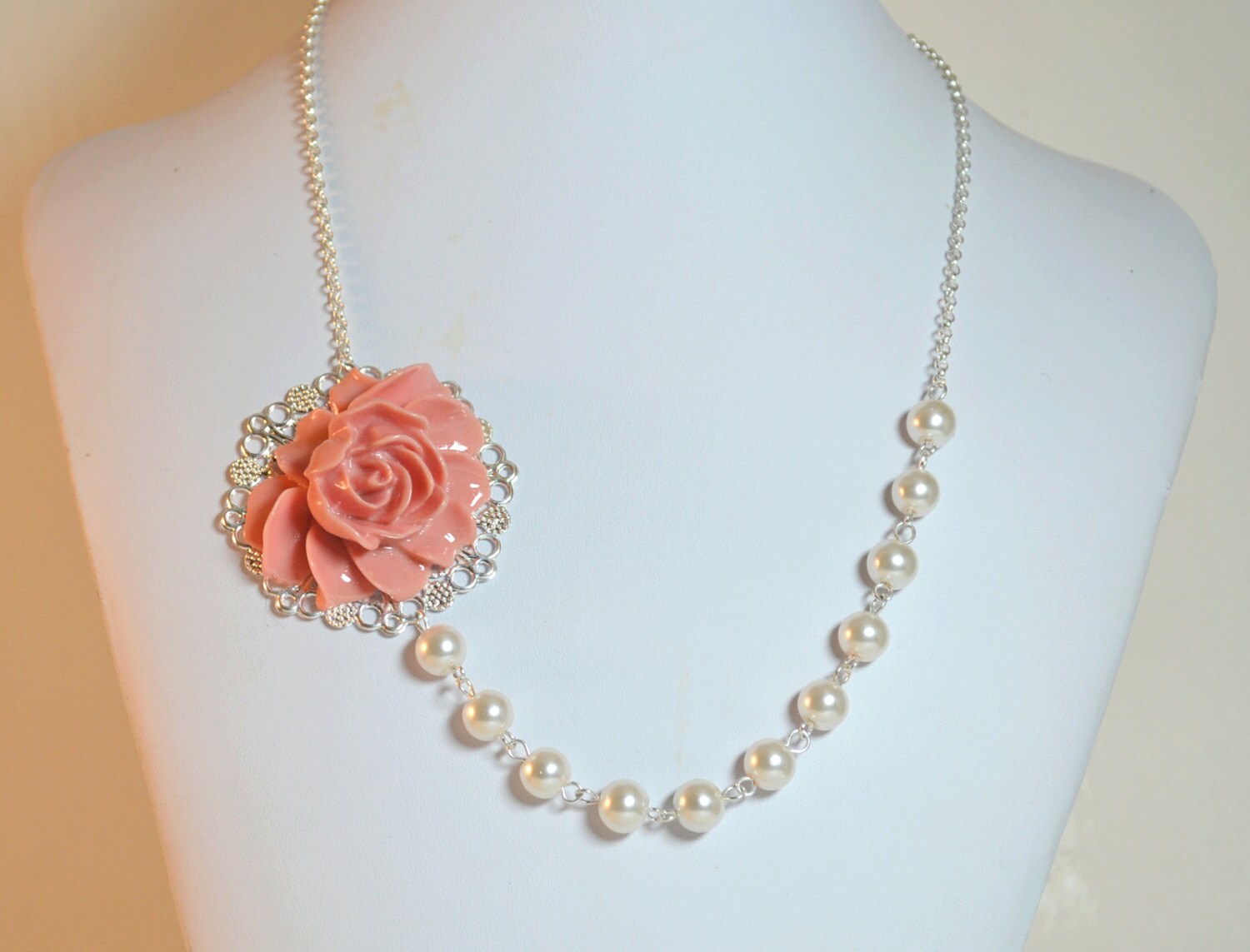 Salmon Coral Necklace Blush Bridesmaid by ArtemisBridalJewelry