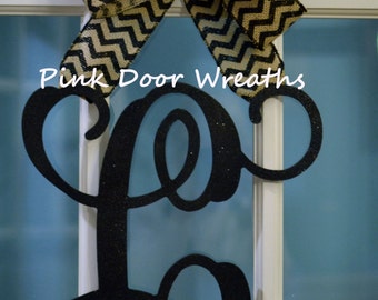 ... DOOR HANGER Scroll Vine initial black chevron burlap single letter