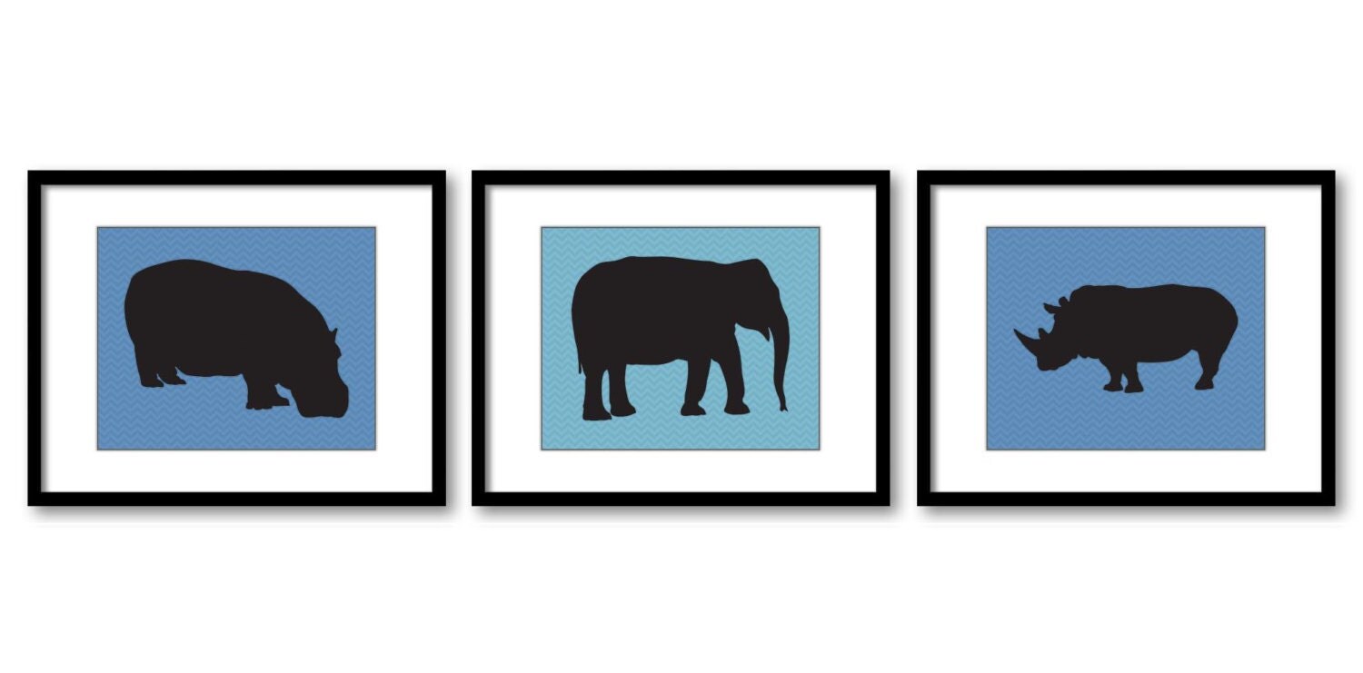 African Safari Animals Art Prints Slate Blue Chevron Set of 3 Hippo Elephant Rhino Boy Art Nursery A