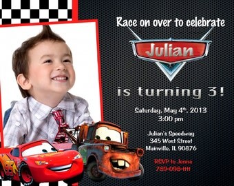 Disney Cars Lightning McQueen Mater Birthday Party Invitation - Printed or Printable
