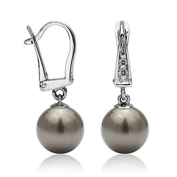 Pearl Earrings, 18K White Gold Earrings, Black Freshwater Pearl