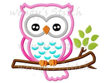 Owl on a tree branch applique machine embroidery design digital
