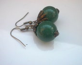 Christmas gift,  Christmas earrings green  jade birthstone beaded drop  boho gemstone Romantic  shabby chic antique