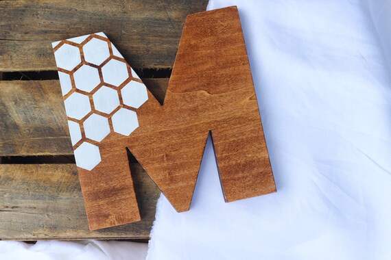 Made in Neverland: Hand painted honeycomb pattern wood monogram wall decor