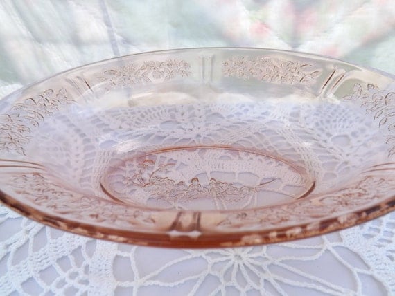 Pink Cabbage Rose Depression Glass Oval Serving Bowl