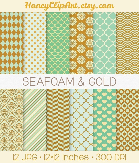 Gold and Seafoam Digital Paper Sea Foam Green by HoneyClipArt