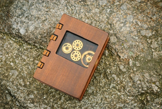 Unique handmade steampunk wooden journal with vintage clock parts / made to order by MWmemoriesofwood steampunk buy now online
