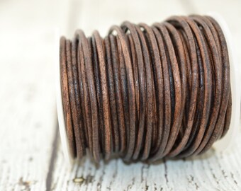 Distressed Brown Leather Cord 3mm Round Cord Qty 3 to 10 Yards Feet Dark Antique Brown Cording Great Leather Wrap Cords