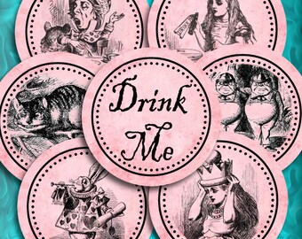 Pink Drink Me Alice in Wonderland Cupcake Toppers Favor Circle Tags Printable Instant Download Digital Collage