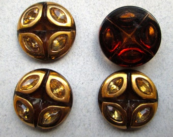 2 Vintage Amber and Gold Cabochons with Inset Rhinestones