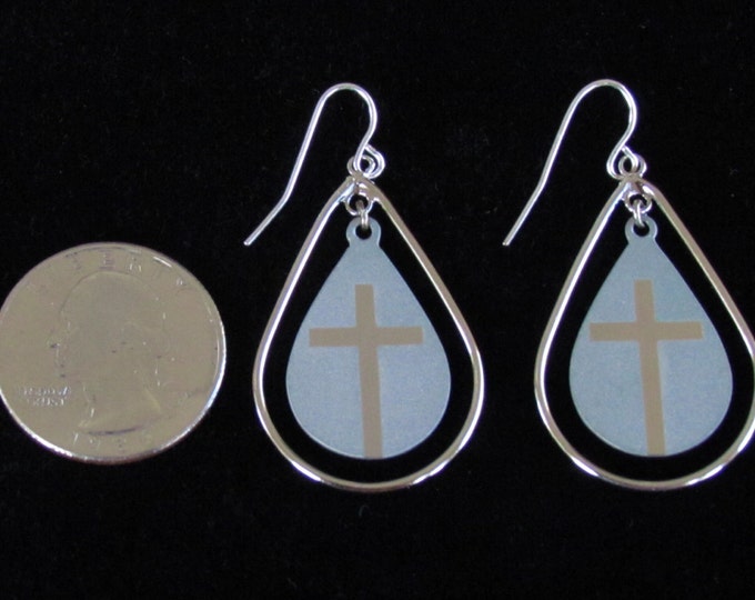 Silver Small Teardrop Cross Hoop Earrings Dangle Drop Womens Girls Christian Jewelry - Saint Michaels Jewelry