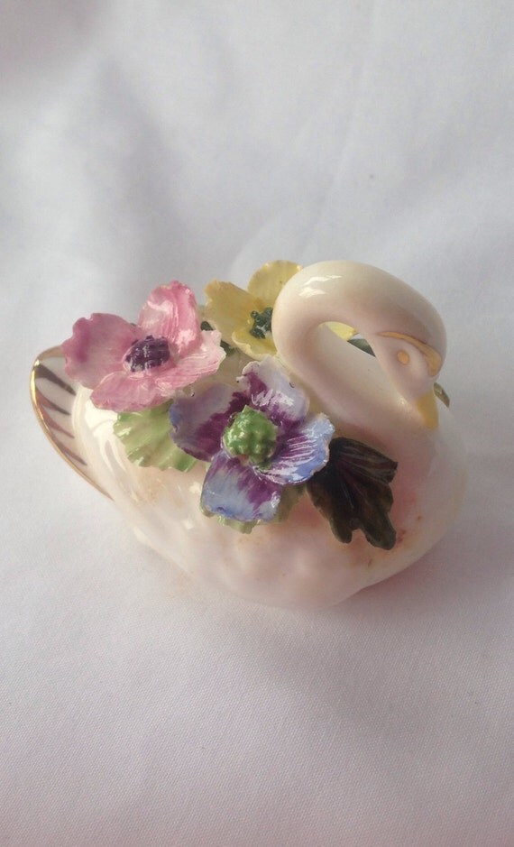 Vintage Royal Adderley Floral Bone China Swan With Flowers