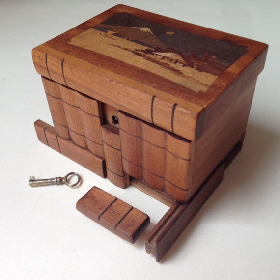 Vintage Japanese Puzzle Box Antique Wooden Marquetry Box Secret 