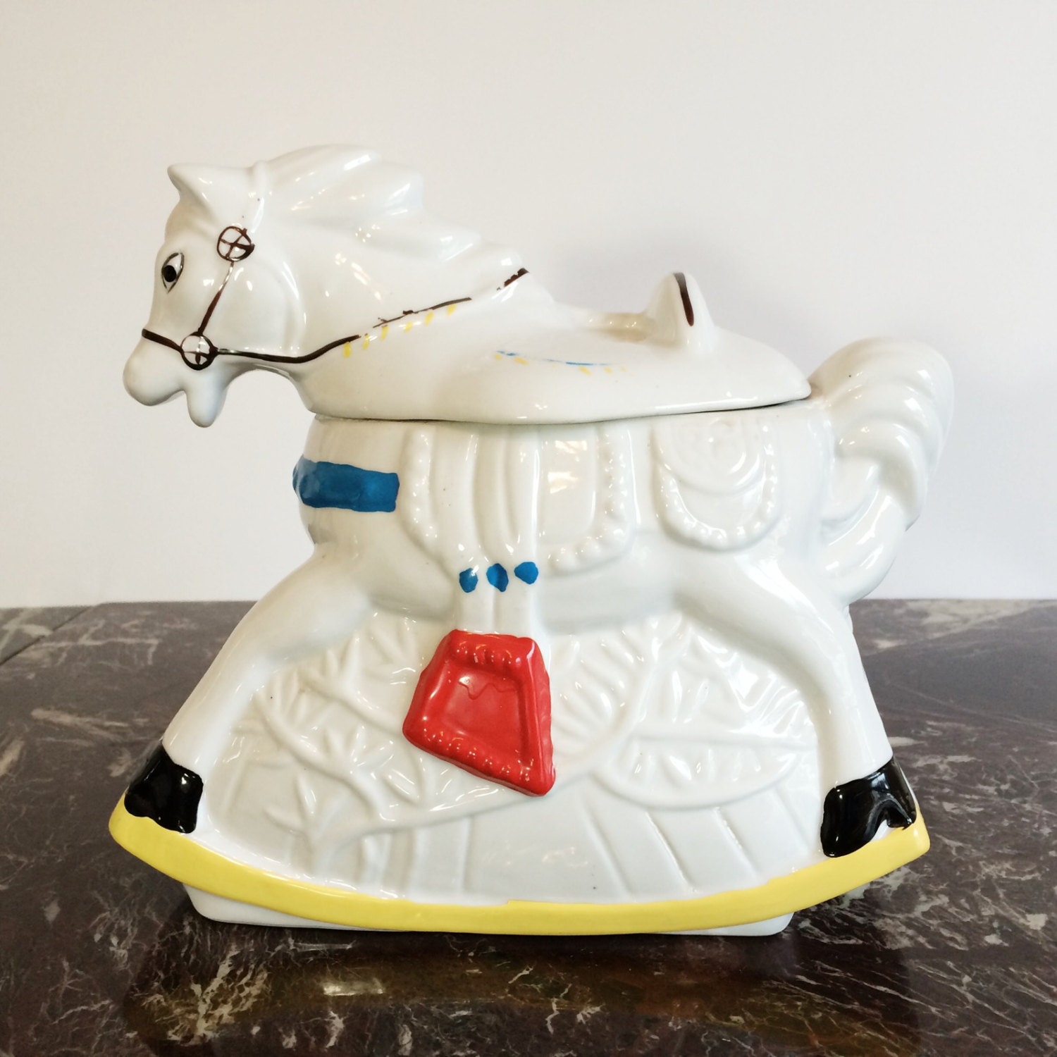 Vintage Rocking Horse Cookie Jar in White by by PrimaTreasures