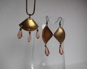 Sale!!! Peach Glass & Brass Necklace and Earring Set