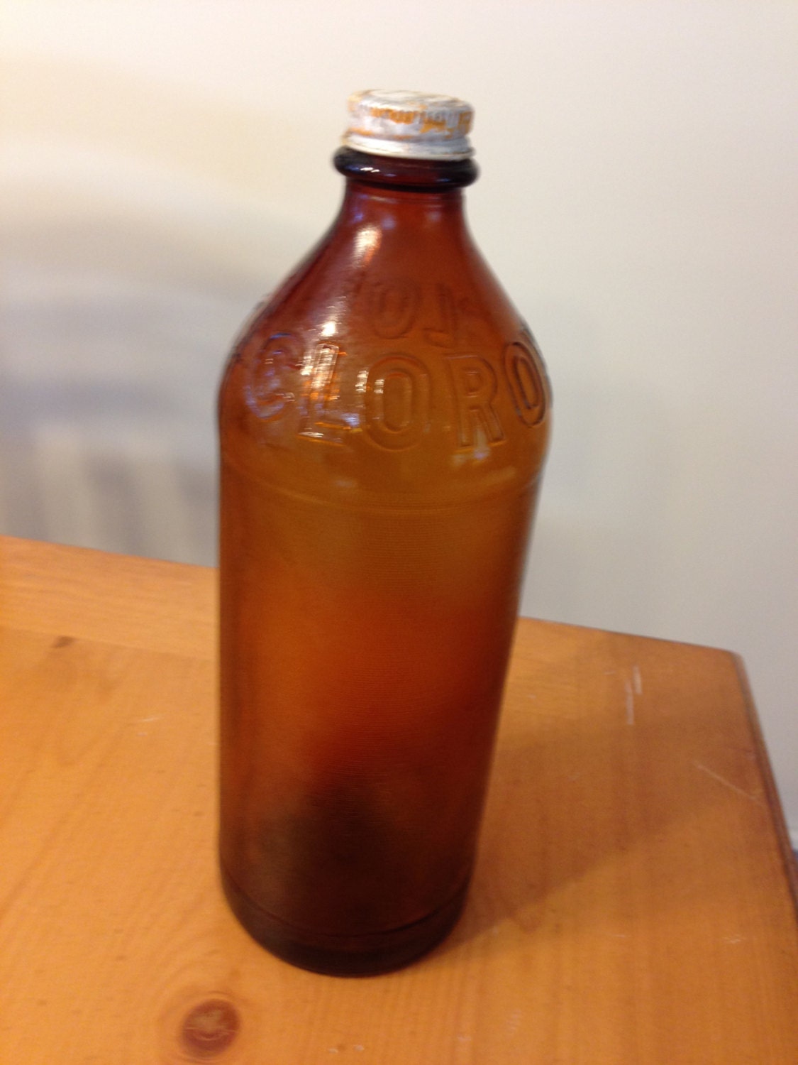 Vintage Brown Glass Clorox Bleach Quart Bottle with Lid