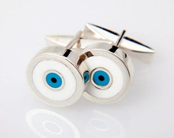 Greek Evil Eye Cufflinks with 975 Silver, Turquoise and White Enamel