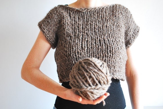 Chunky Crop Top Sweater / Hand Knitted / Untreated Wool / Otter Brown